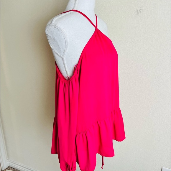 Sienna Sky Fuchsia Cold Shoulder Halter Ruffle Drop Waist Long Sleeve Blouse - Picture 2 of 12